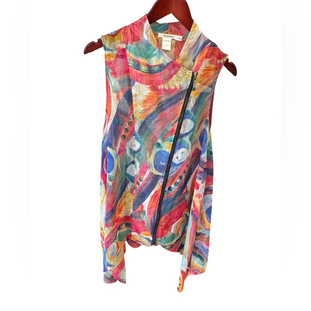 Feratelli Womens Abstract Art Print Sleeveless Asymmetrical Zip Top Multicolor S
